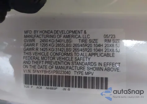 2023 Honda Passport Awd Ex-L z USA, uszkodzony, nr VIN 5FNYF8H5XPB023040